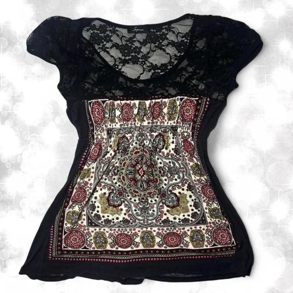 Alt Style Y2K Goth Black Lace Paisley Babydoll Top - Picture 3 of 6